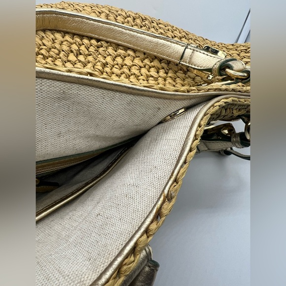 MICHAEL KORS Santorini Woven Raffia Gold Leather Tote Beach Shoulder Bag - Picture 13 of 16